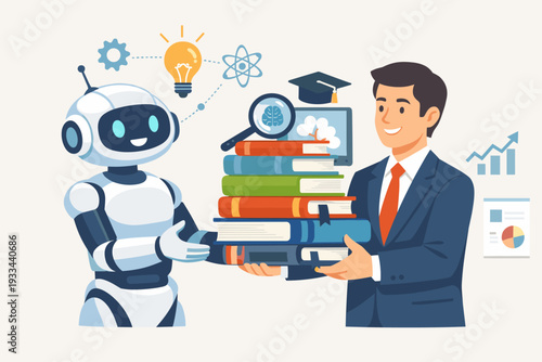 Artificial Intelligence Support for Learning and Teaching Innovation with a Robot and Businessman Holding a Stack of Books, Representing Digital Education, Machine Learning, and Future Technology.