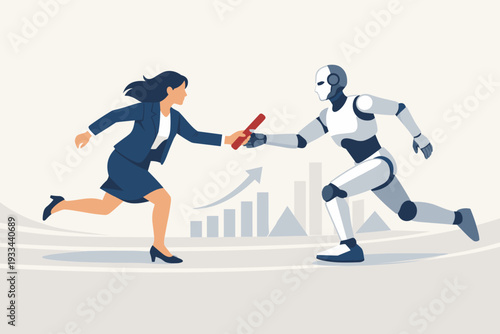 Businesswoman Passing Relay Baton to Humanoid Robot Representing Artificial Intelligence Collaboration, Automation, and Future Technology Integration for Business Growth and Success Concept.