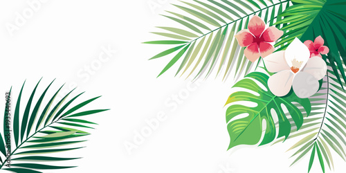 Tropical leaves and exotic flowers border, vector