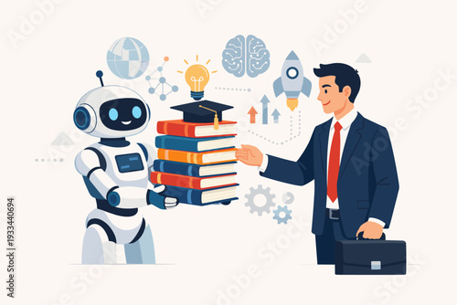 Artificial Intelligence Robot Providing Knowledge and Education to Businessman, Stack of Books with Graduation Cap and Lightbulb, Concept of AI in Learning, Innovation, and Digital Transformation