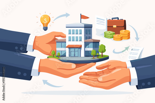 Business Acquisition and Company Transfer Concept Illustration with Hands Holding a Building Model, Money, Briefcase, and Idea Lightbulb Representing Merger, Buyout, and Ownership Handover.
