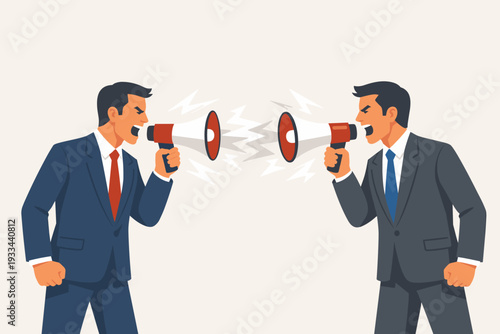 Businessmen shouting into megaphones at each other, symbolizing corporate conflict, professional rivalry, aggressive communication, and workplace disagreement in a flat vector illustration style.