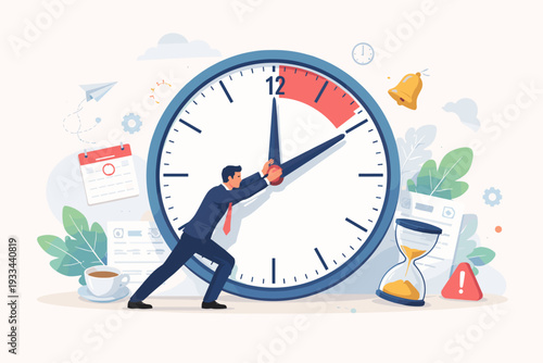 Businessman Pushing Back Clock Hands to Stop Time for Deadline Management Concept. Flat Vector Illustration of Time Pressure, Productivity, and Efficiency in a Professional Business Environment.