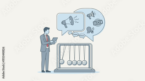 Businessman Analyzing the Chain Reaction of Communication and Fake News with Newton's Cradle Illustration Representing the Impact of Gossip, Misinformation, and Viral Social Media Messages