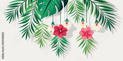 Tropical leaves and hibiscus flowers hanging from the top, vector