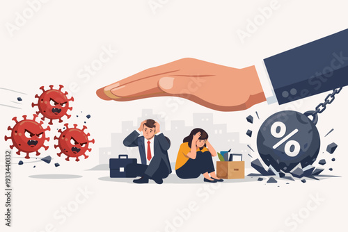 Economic Stimulus and Financial Support Concept with Big Hand Protecting Stressed Entrepreneurs and Small Business Owners from Coronavirus Pandemic Impact and High Interest Rate Debt Burden