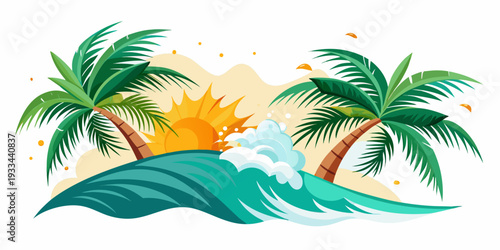 Tropical beach landscape with palm trees and ocean waves, vector