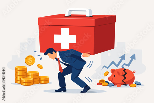 Businessman Carrying a Huge Medical First Aid Kit as a Heavy Burden, Representing High Healthcare Costs, Expensive Medical Insurance Premiums, Financial Debt, and Rising Treatment Expenses
