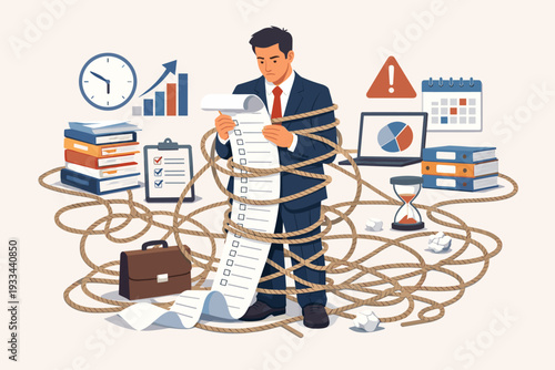 Overwhelmed Businessman Tied Up in Ropes Holding a Long To-Do List, Stressed Employee Struggling with Heavy Workload, Deadlines, and Time Management in a Busy Office Environment Vector Illustration