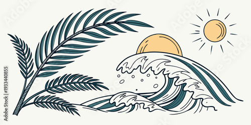 Vintage style tropical landscape with sun and sea waves, vector
