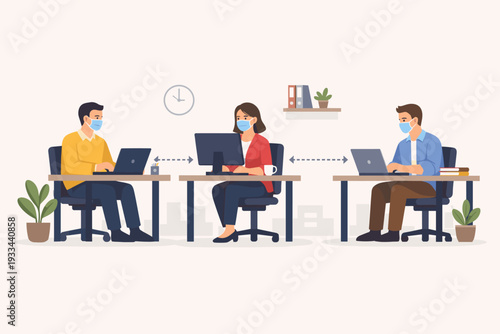 New Normal Concept of People Working in Office Maintaining Physical Distancing and Wearing Face Masks. Colleagues at Desks with Laptops and Computers Following Health Safety Protocols.