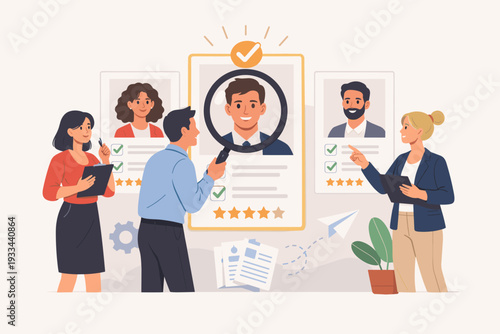 HR Managers Characters Choosing Best Candidate for Job, Recruitment Process Concept with People Searching for New Employee, Reviewing Resumes and Profiles with Magnifying Glass Illustration