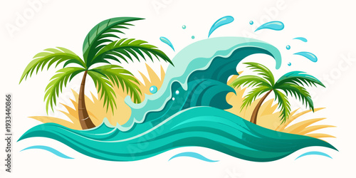 Tropical beach scene with palm trees and a large ocean wave, vector