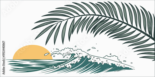 Tropical beach sunset with ocean wave and palm leaf, vector