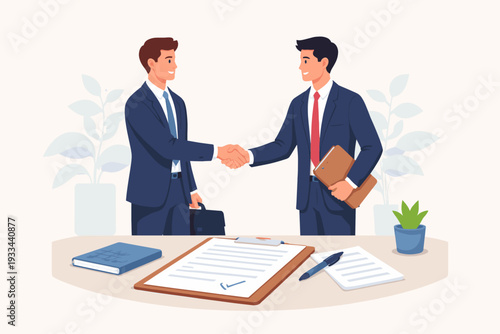 Two professional businessmen in formal suits shaking hands over a signed contract on a desk, representing a successful partnership, corporate deal, business agreement, and mutual cooperation.