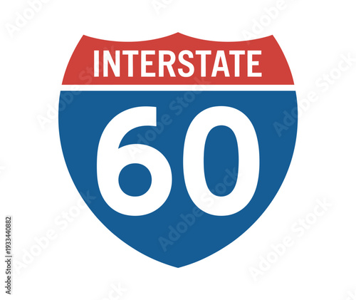 A blue and red interstate highway sign with the number 60 on a white background