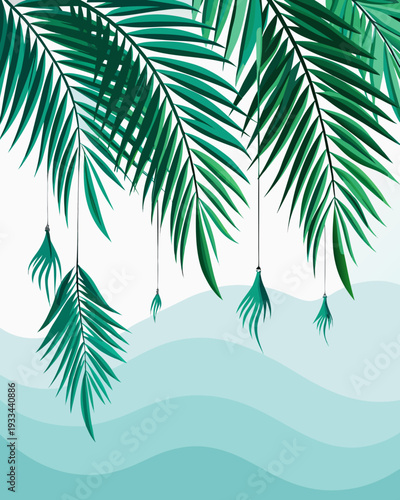 Tropical palm leaves hang over blue waves, vector