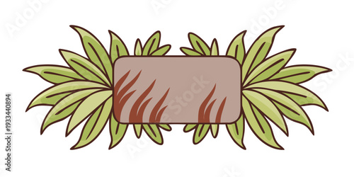A decorative stone plaque is framed by tropical green leaves, vector