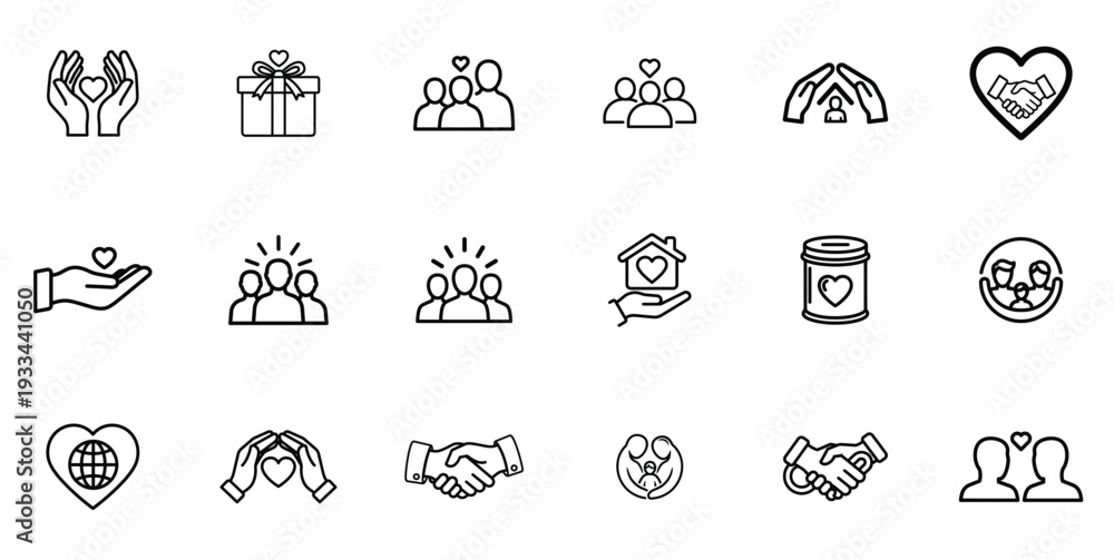 Fototapeta premium Community Care and Charity Outline Icon Set – Helping Hands, Donation, Family Support and Social Service Linear Vector Collection