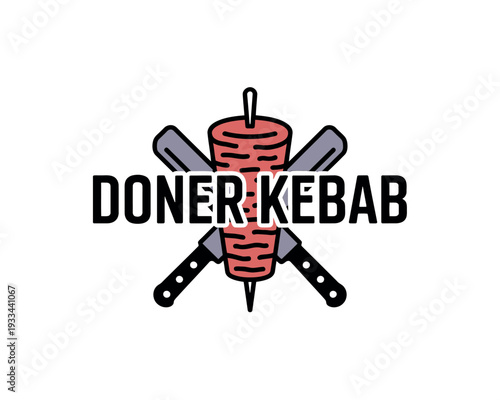 A logo for a doner kebab restaurant featuring a red kebab with crossed knives on a white background