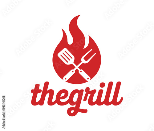 A logo for a grill restaurant with a red flame and utensils