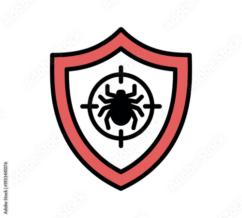 A shield icon with a bug in the center, symbolizing cybersecurity and protection against malware and viruses.