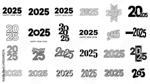 Extensive vector collection featuring the year 2025 in a multitude of artistic fonts and dynamic lettering, perfect for New Year's Eve parties and festive graphic assets