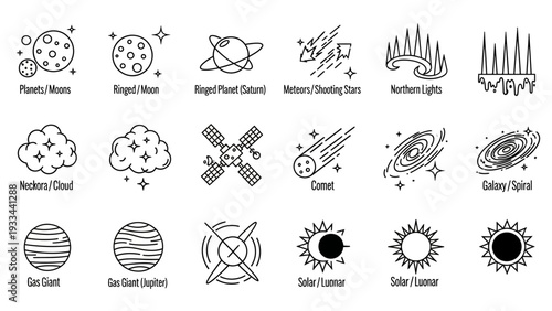 Diverse linear graphic set showcasing celestial bodies, astronomical events, and space technology, ideal for modern science and exploration themed designs