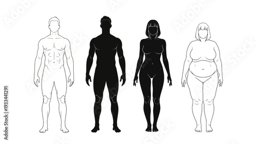 Illustration of diverse human body types and silhouettes, representing different physiques and forms