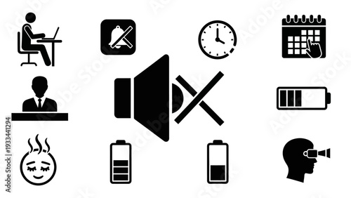 Collection of essential digital status and productivity icons for modern life, featuring silent mode, battery, work, time, calendar, and notification indicators