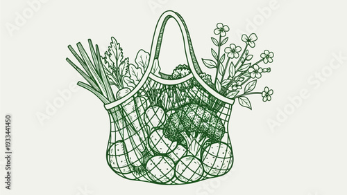 Hand-drawn illustration of a reusable mesh bag filled with fresh produce, showcasing a commitment to sustainable shopping and healthy eating