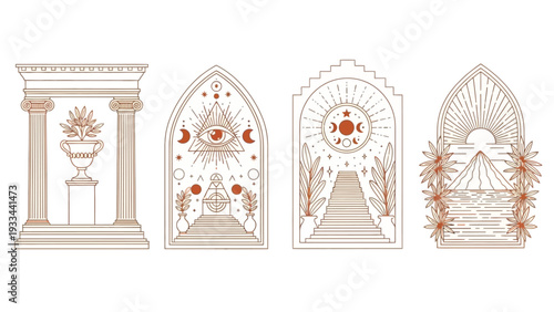 Mystical Archways with Celestial and Botanical Elements, Mystical Design Elements