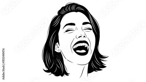 Vector illustration of a young woman laughing with her mouth open, conveying joy and happiness