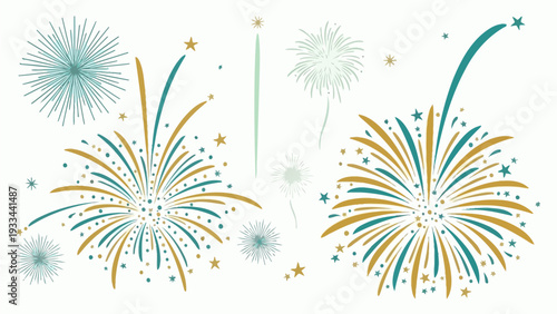 Stunning vector illustration of vibrant fireworks explosions, showcasing bursts of light and color for joyful celebrations and festive events