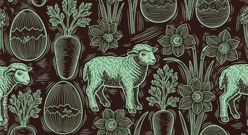 Vintage Linocut Seamless Pattern with Spring Lambs, Carrots, Daffodils and Easter Eggs in Mint Green on Dark Brown Background