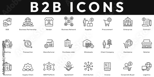 B2B icon collection contains partnership, vendor, network, supplier, procurement, enterprise, contract, meeting, transaction, manufacturer, purchase order. Editable stroke vector illustration icon set