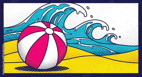 Retro Pop Art Beach Illustration with Pink Beach Ball, Vibrant Yellow Sand and Cyan Ocean Waves in Comic Book Halftone Style