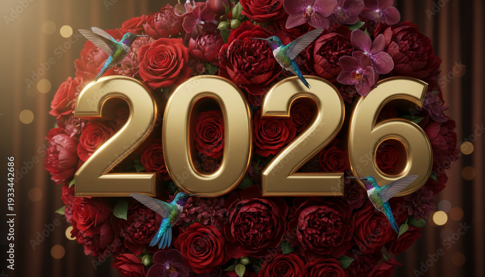 Fototapeta premium Floral arrangement with golden 2026 number and colorful hummingbird, symbolizing future event, date, or celebration with natural beauty and elegance