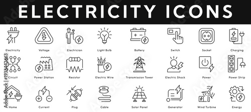 Electricity icon collection contains voltage, light bulb, battery, switch, socket, circuit, power station, resistor, transmission tower, current, plug. Editable stroke vector illustration icon set