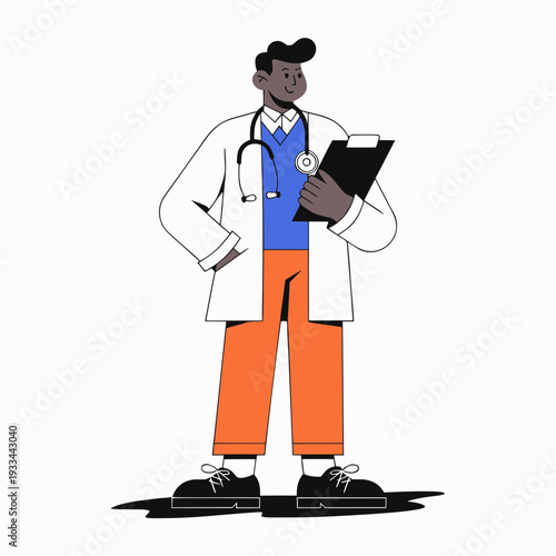 A confident doctor with a stethoscope and clipboard stands ready to assist, embodying healthcare expertise and patient care
