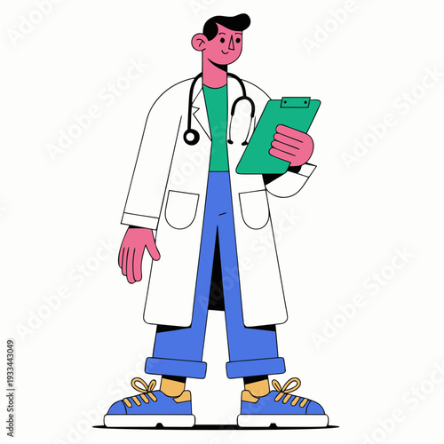 Friendly cartoon doctor illustration wearing a stethoscope and holding a clipboard, representing healthcare and medical professionals