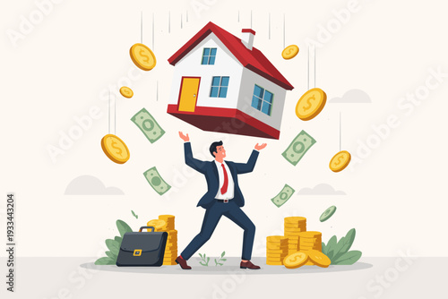 Businessman Struggling Under Falling House and Rain of Gold Coins and Money Bills, Real Estate Investment Risk, Housing Market Crash, Mortgage Debt and Financial Crisis Concept, Flat Vector.