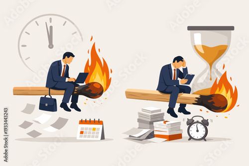 Businessmen sitting on burning matches as a symbol of approaching deadlines and time pressure. Concept of stress, urgency, and burnout in the workplace with clocks, hourglass, and calendar icons.