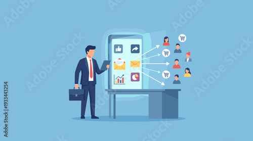 Businessman using digital marketing strategy to promote products and services to followers on social media and mobile app, online advertising, email marketing, and customer engagement concept.