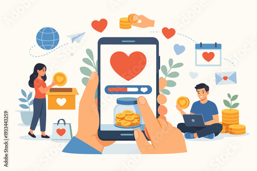 Online Donation and Charity Fundraising Concept with People Giving Money via Smartphone App. Philanthropy, Volunteerism, and Social Support through Digital Payments and Crowdfunding Platform.