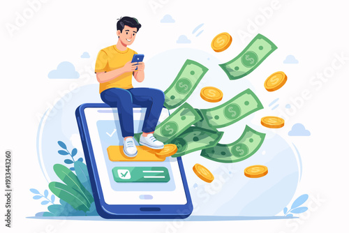 Man Sitting on Large Smartphone Screen Earning Money Online with Mobile Marketing and Remote Work Concept, Flying Dollar Bills and Gold Coins Representing Passive Income and Financial Success.