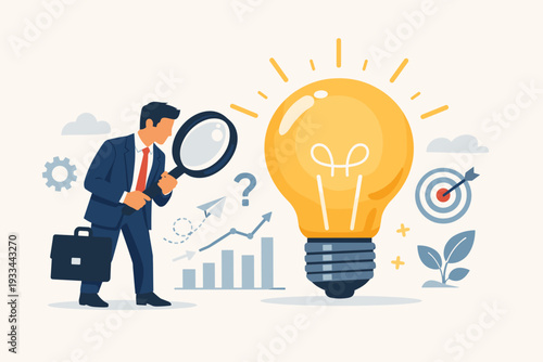 Businessman using a magnifying glass to inspect a large light bulb, representing business idea exploration, creative problem solving, innovation, market research, and strategic growth analysis.