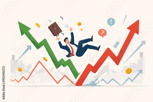 Businessman Falling Amidst Volatile Stock Market Charts with Green and Red Arrows, Representing Financial Risk, Investment Uncertainty, Economic Crisis, and Sudden Business Market Fluctuations.