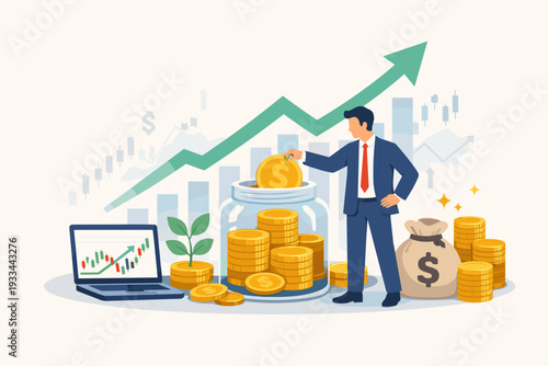 Successful businessman investing in stock market for wealth creation and financial growth. Trader making profit with investment trading, growing money in a jar with upward arrow chart and laptop.