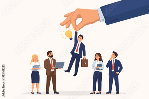 Giant Hand Picking Up a Creative Businessman with a Glowing Light Bulb Idea from a Group of People. Concept of Recruitment, Talent Acquisition, Choosing the Best Innovation and Career Growth Success.